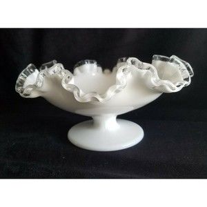 Vtg Fenton Silver Crest Milk Glass Ruffle Edge 8.5" Pedestal Bowl Scalloped
